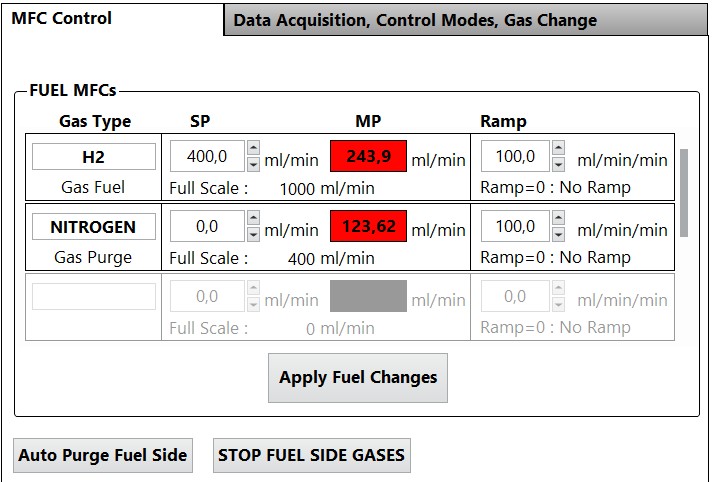 software monitoring recording control calibration set & measured point SP MP gas water management mfc mass flow controller readout box peristaltic SOFC SOEC protonic PEM DMFC fuel cell co-electrolysis CO2 H2 O2 N2 Ar NH3 CO CH4 feeding injection steam reforming POX-liquid-fuel-injection setup-test-bench-rig