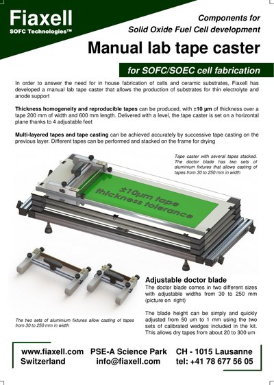 manual tape caster adjustable doctor blade accurate SOFC SOEC fuel cell of diameter 25 mm 100 X 100 mm casting thickness 10 micron thin electrolyte anode support ASC ESC alumina zirconia 3YSZ 8YSZ 6SCSZ 10ScSZ ceria 10GDC 20GDC SDC nickel oxide NiO metallic powders Barium BCZY protonic ionic conductivity water organic base slurry drying multi layer sintering